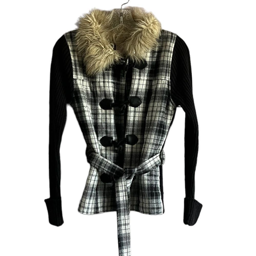 GLIMMER Black Plaid Button Front Hooded Faux Fur Wool Blend Tie Jacket Size M